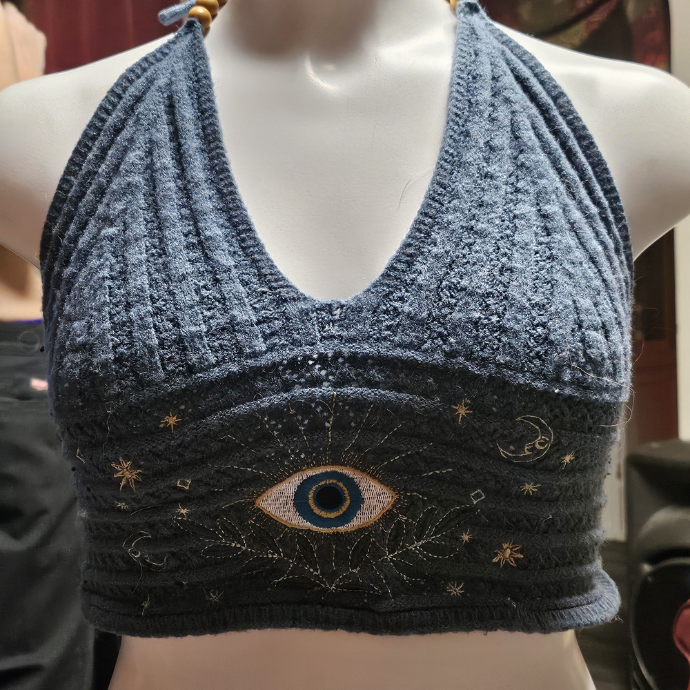 Blue Halter Top with Eye Embroidery